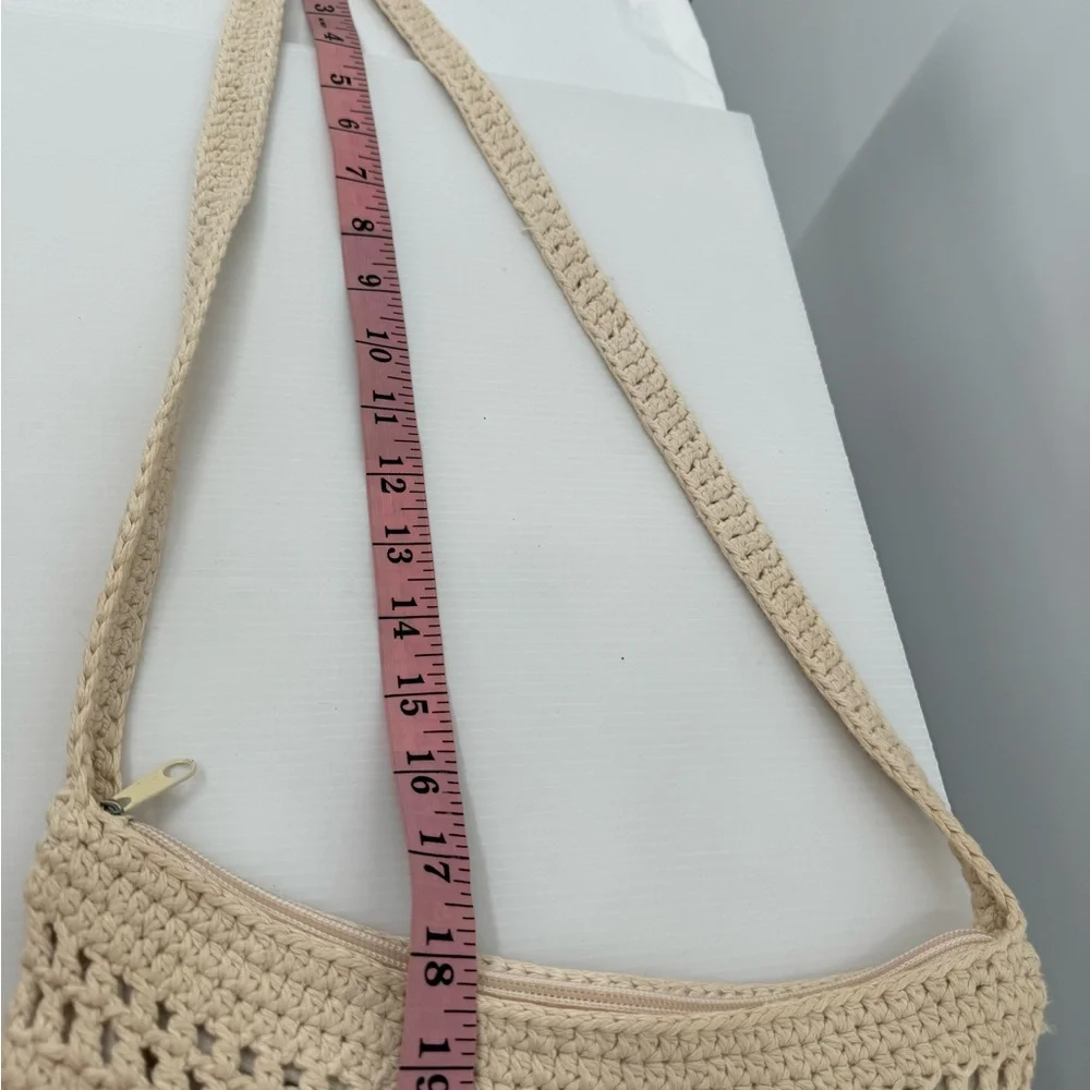 Unbranded Crocheted Crossbody with‎ Fringe and Wood Beads, Cream